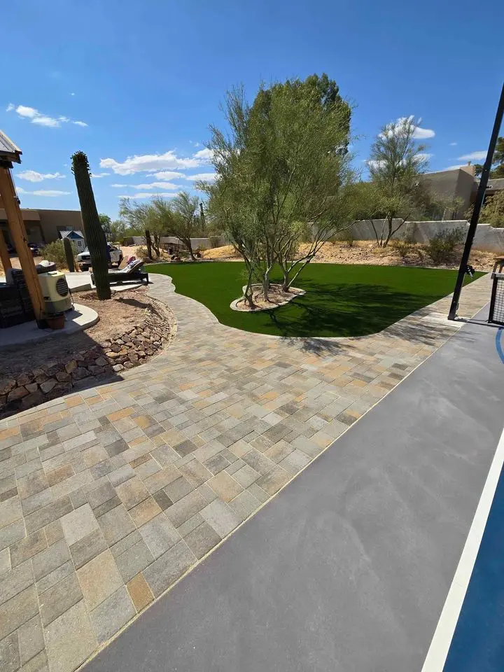 A backyard scene in Deer Valley showcases curb appeal, with a paved walkway leading to a lawn adorned with desert landscaping, including cacti and small trees. The paver installations blend seamlessly with the blue sky backdrop and the fence in the distance.